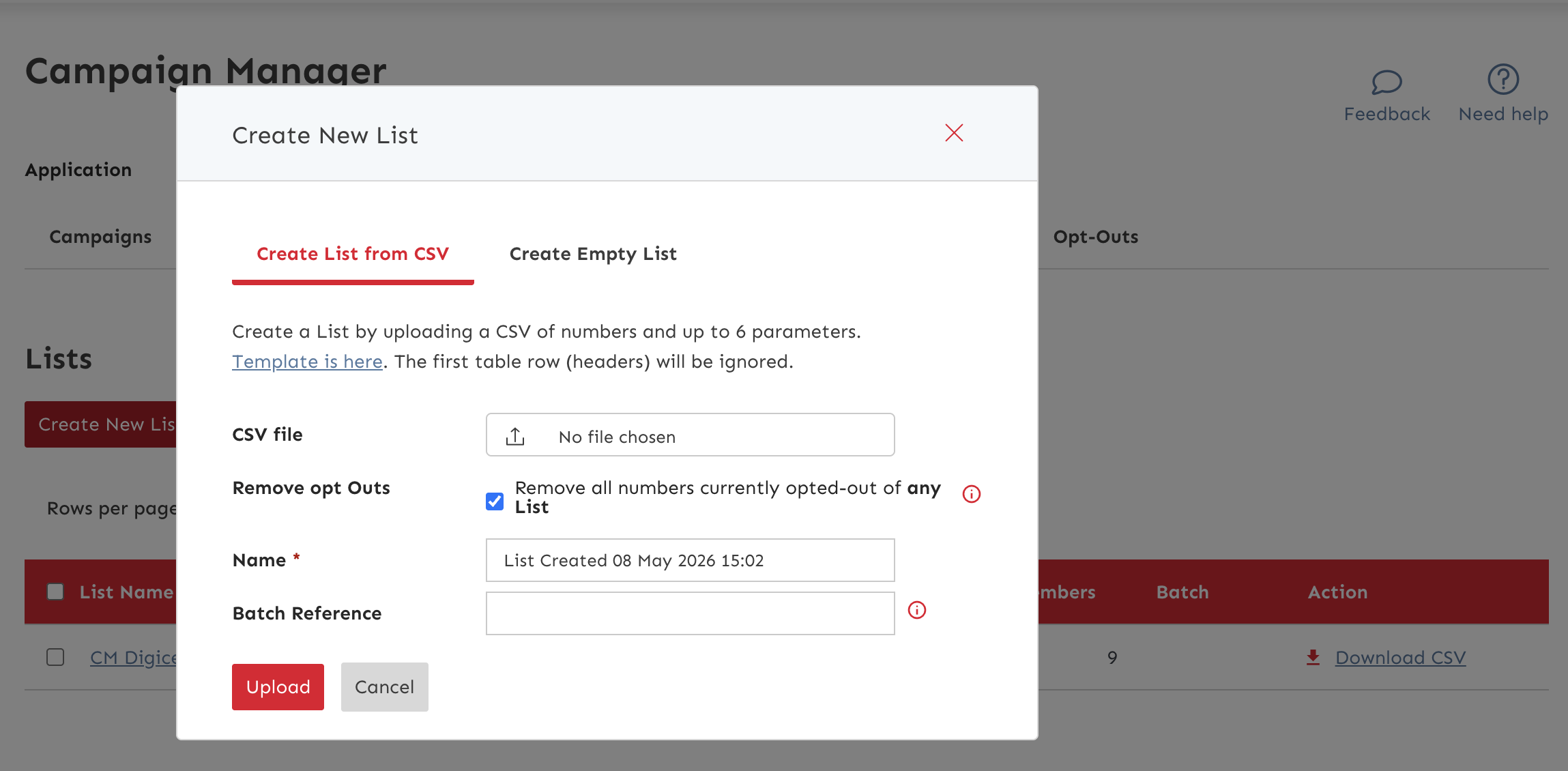 Campaign Manager Add List Screen