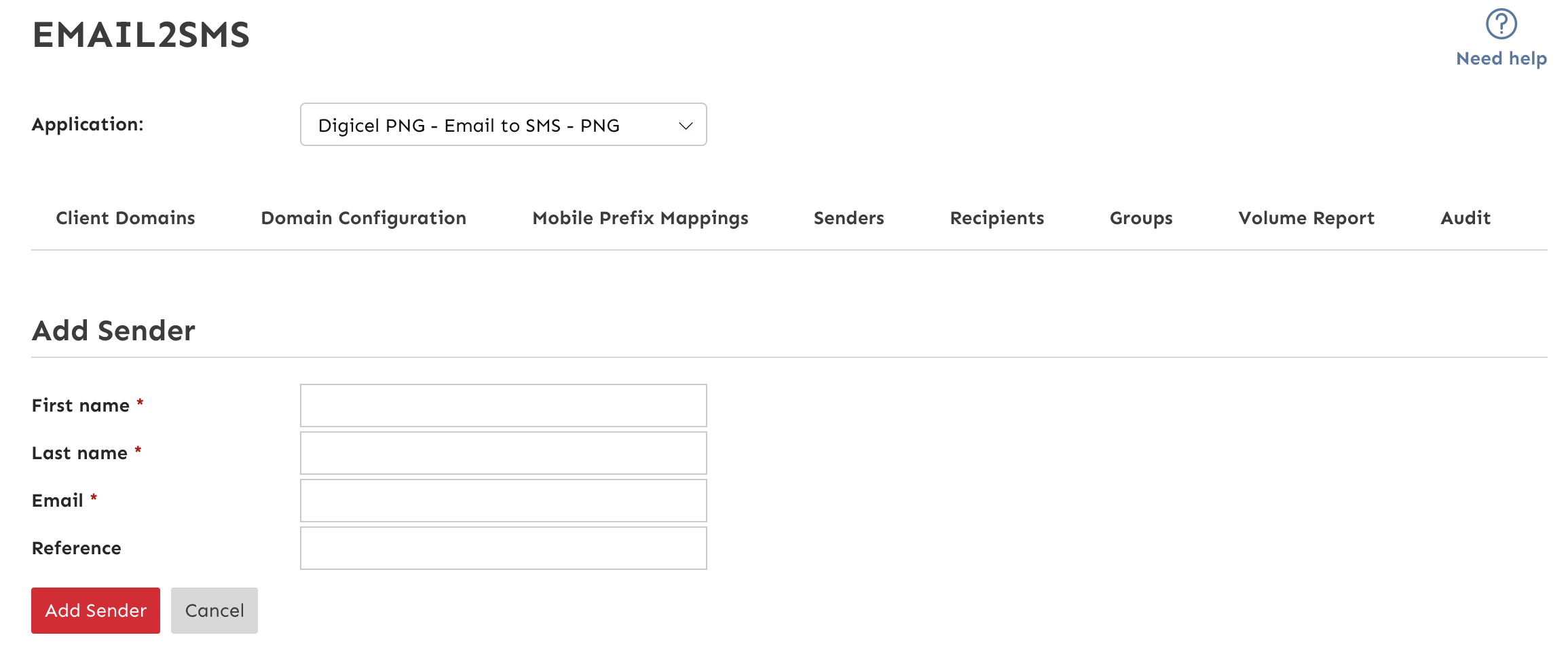 Email2SMS Add Sender Screen