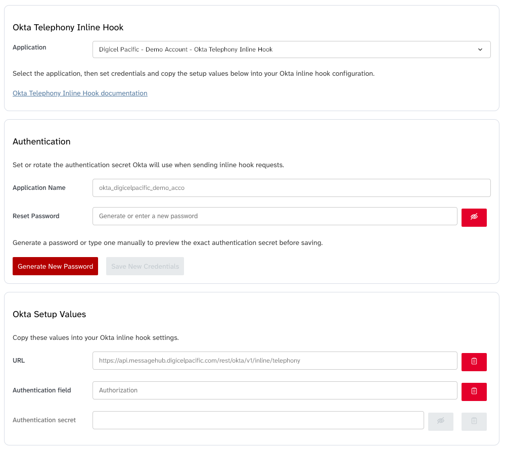 Screenshot of the Okta Inline Hook configuration page in Digicel Pacific Message Hub
