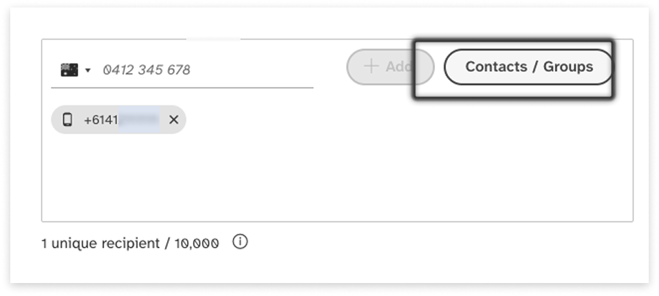 colourful screenshot showing options to add recipients when sending a New Message in Web2SMS